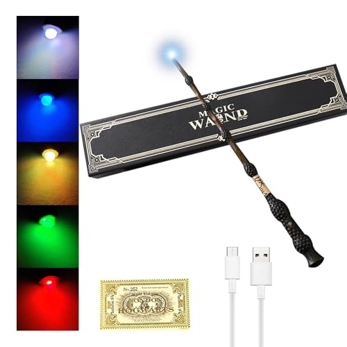 WDKXCN Dumbledore Zauberstab, 37 cm, Harry-Potter-Zauberstab mit 5 Farben, USB-Ladegerät, Dumbledore-Zauberstab, Zauberstab in Geschenkbox mit Stationsticket und USB-Kabel von WDKXCN