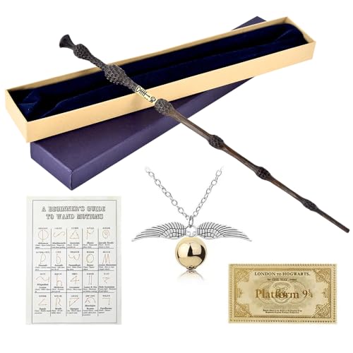 WDKXCN Dumbledore Zauberstab, 37 cm Elderstab Harry aus Stahlkern und Harz, Elderstab HPotter Magic Stab, Zauberstab Dumbledore in Geschenkbox mit Zauberspruch-Karte, Halskette und Stationsticket von WDKXCN