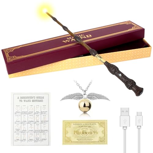 WDKXCN Elderstab Harry P-Otter Glühen, 38CM Dumbledore Zauberstab mit Licht, USB Aufladung Zauberstab Dumbledore in Geschenkbox mit Zauberspruch-Karte, Stationsticket und Halskette von WDKXCN