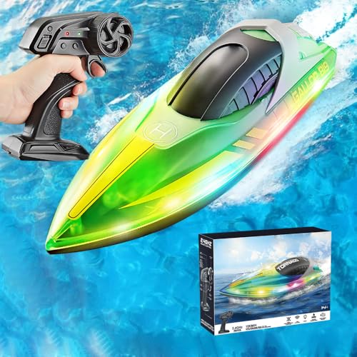 WDKXCN Ferngesteuertes Boot Kinder, RC Boot Kinder mit 2 Batterien, 2,4 GHZ 15km/H, Boot Ferngesteuert mit LED-Licht, Motorboot Ferngesteuert, Jungen Mädchen von WDKXCN