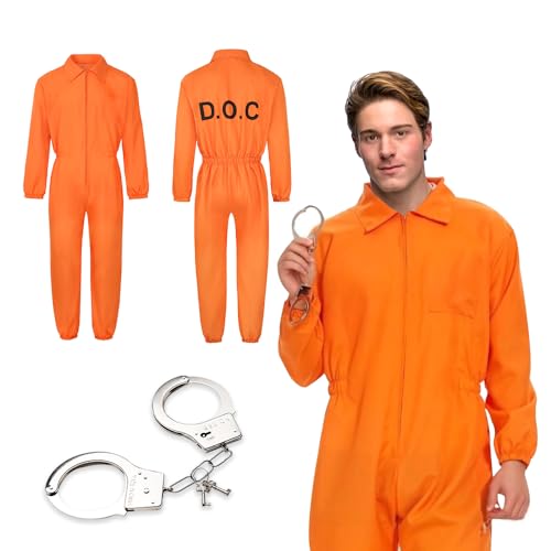 WDKXCN Gefängnis Kostüm, Halloween Gefängnis Kostüm Orange, Unisex Häftling Kostüm Damen Herren, Knast Kostüm Overall, Prisoner Costume Karneval Cosplay für Sträflinge(Inklusive Handschellen) von WDKXCN