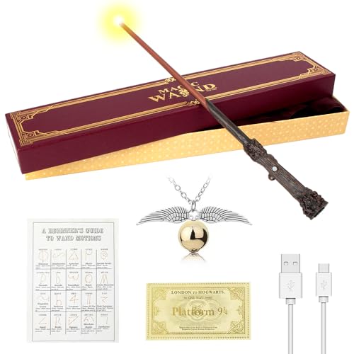 WDKXCN Harry Zauberstab Glühen, 38CM Zauberstab Harry P-Otter mit Licht, USB Aufladung Magic H-arry P-Otter Zauberstäbe, Harry Stab in Geschenkbox mit Zauberspruch-Karte, Stationsticket und Halskette von WDKXCN