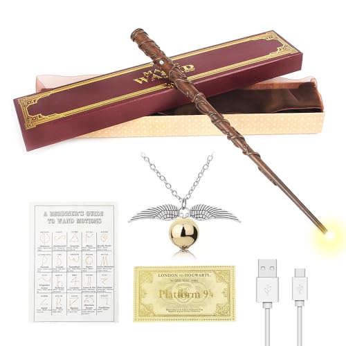 WDKXCN Hermine Zauberstab, 37CM Glühen Zauberstab Hermine Granger, USB Aufladung Hermine Granger Zauberstab in Geschenkbox mit Zauberspruch-Karte, Stationsticket und Halskette von WDKXCN