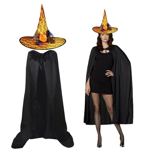 WDKXCN Halloween Hexenkostüm Damen, LED-Licht Damen Hexenhut für Halloween, Halloween Schwarzer Umhang aus Oxford-Stoff, Halloween Kostüm Damen für Halloween, Karneval, Cosplay und Maskerade (Orange) von WDKXCN