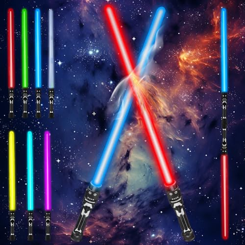 WDKXCN Laserschwert Kinder, 2 Stück Lichtschwert Kinder mit Licht und Sound, RGB 7 Variable Farbe Laser Schwert, 2 in 1 Retractable LED Lightsaber Spielzeug für Cosplay, Samurai Themenparty WDKXCN Laserschwert Kinder, 2 Stück Lichtschwert Kinder mit Licht und Sound, RGB 7 Variable Farbe Laser Schwert, 2 in 1 Retractable LED Lightsaber Spielzeug für Cosplay, Samurai Themenparty von WDKXCN