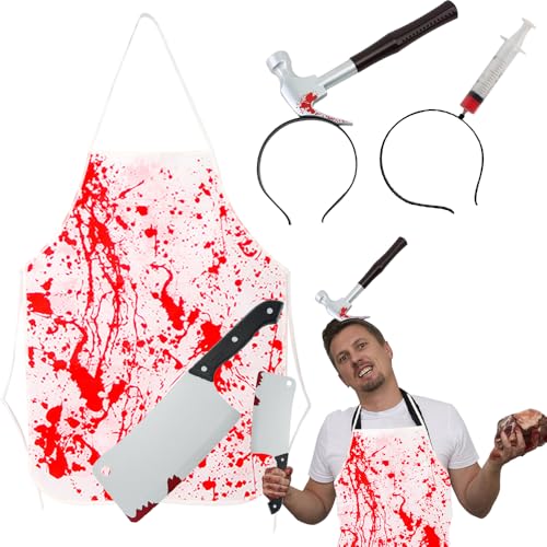 WDKXCN Metzger Kostüm Halloween, 4pcs Metzger Kostüm mit Halloween Schürze, Halloween Haarreif Hammer/Spritzen, Plastik Messer für Halloween, Halloween Kostüm Damen Blutig für Halloween Party von WDKXCN