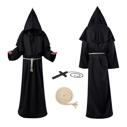 WDKXCN Mönch Kostüm Herren mit Kapuze und Kreuz, Priester Kostüm Herren Halloween, Schwarzer Umhang mit Kapuze, Mönchskutte Mittelalter Cosplay, Kostüm für Party Outfit, Karneval (Schwarz, L) von WDKXCN