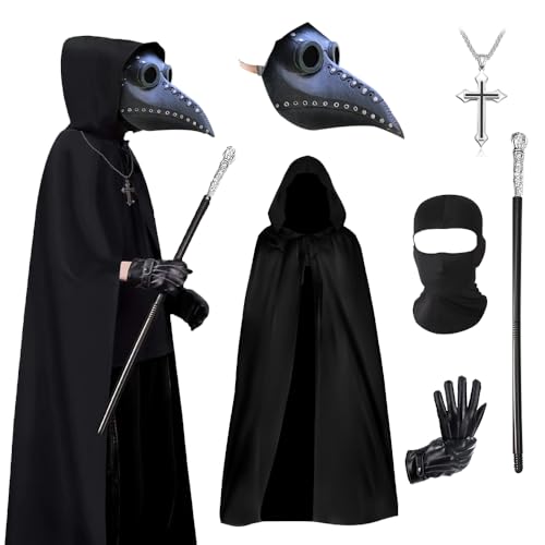 WDKXCN Pestdoktor Kostüm, Herren Plague Doctor Costume, Pest Doktor Kostüm Herren Outfits mit Pestdoktor Maske Handschuhe Zepter Kreuz-Halskette, Erwachsene Halloween Pest Doktor Cosplay Set von WDKXCN