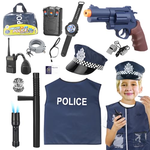 WDKXCN Polizei Kostüm Kinder, 14 Stück Kostüm Polizei Kinder, Polizei Kostüm Zubehör Mit Polizeimütze Kinder, Baton Pfeife, Abzeichen, Handschellen und Walkie Talkie, Polizei Kostüm Set für Party Cosp von WDKXCN