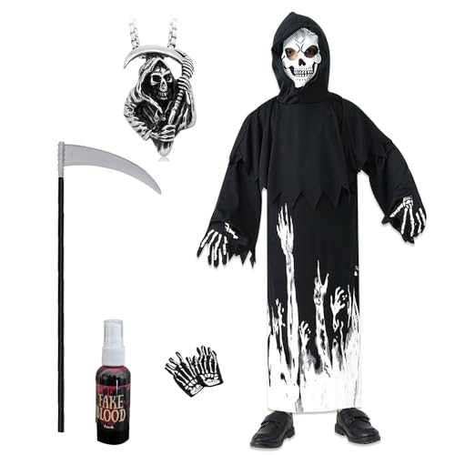 WDKXCN Sensenmann Kostüm Kinder, Scream Kostüm, Halloween Kostüm Sensenmann Kinder, Sensenmann Grim Reaper Kinderkostüm, Halloween Leuchtenden Sensemann Kostüm für Halloween Rollenspiele Horror Party von WDKXCN