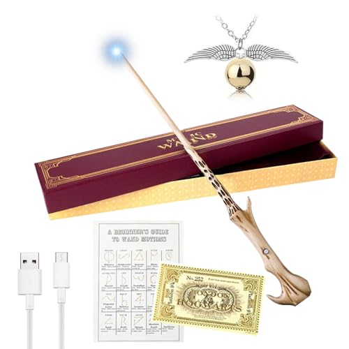 WDKXCN Voldemort Zauberstab Glühen, Zauberstab Voldemort mit Licht, USB Aufladung Zauberstab Voldemort, Voldemort Harry Zauberstab in Geschenkbox mit Zauberspruch-Karte, Stationsticket und Halskette von WDKXCN