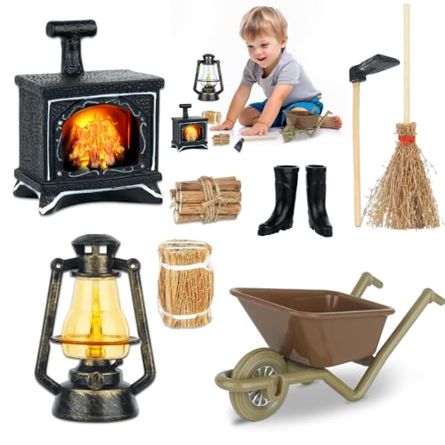 WDKXCN Wichtel Zubehör Set, Wichtel Zubehör Weihnachten Set, Puppenhaus Kamin mit Licht, Petroleumlampe, Heuhaufen, Hacke, Gummistiefel, Karren, Besen, Brennholz von WDKXCN