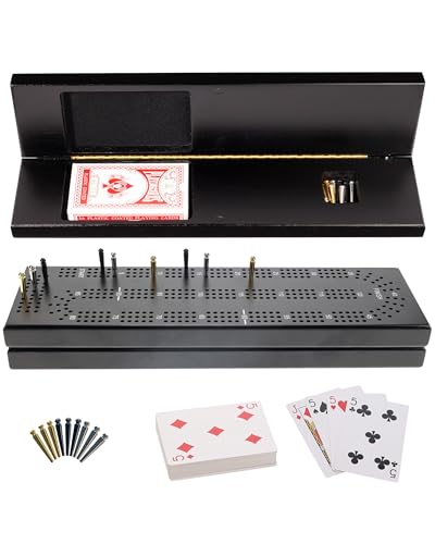 WE Games Holz-Cribbage-Brettspiel-Set mit Aufbewahrung, schwarz gebeizt, kontinuierliches 3-Spur-Kartenspiel für 2-3 Spieler von WE Games