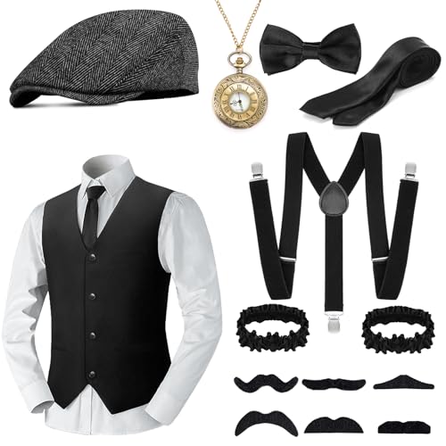 WEARXI 20er Jahre Herren Accessoires, Mafia Karneval Kostüm Herren, Peaky Blinders Kostüm, 20er Jahre Accessoires, Fasching Kostüme Herren Hosenträger Herren Kostüm Set Deko (Schwarz-2, L) von WEARXI