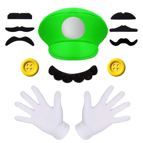 WEARXI Luigi Kostüm Accessories, Mario Kostüm Kinder, Halloween Kostüm Kinder Herren, Karneval Kostüm Herren, Faschingskostüme Männer, Fasching Kostüme Herren Kostüm Set Deko von WEARXI