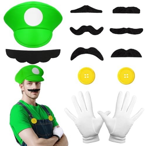 WEARXI Luigi Kostüm Accessories, Mario Kostüm Kinder, Halloween Kostüm Kinder Herren, Karneval Kostüm Herren, Faschingskostüme Männer, Fasching Kostüme Herren Kostüm Set Deko von WEARXI