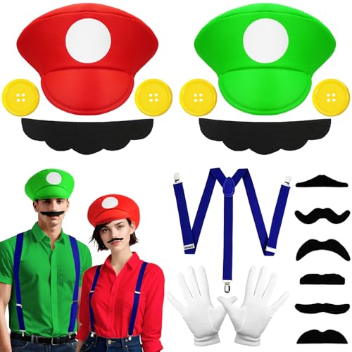 WEARXI Mario Luigi Kostüm Accessories, Mario Kostüm Kinder, Halloween Kostüm Kinder Herren, Karneval Kostüm Herren, Fasching Kostüme Herren Kostüm Set Deko Hosenträger von WEARXI