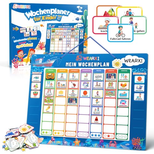 WEARXI Wochenplaner Kinder - Montessori Magnettafel Kinder inkl. 304 Magnete, Kordel, Stift & Aufbewahrungstasche, Belohnungstafel Kinder, Einschulung Geschenk, Montessori Spielzeug ab 3 Jahre von WEARXI