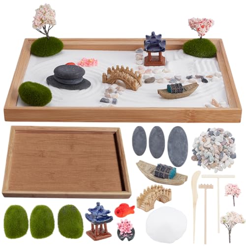 WEBEEDY Mini Zen Garten Sandbox DIY Miniatur Zen Sand Garten Geschenkset Mit Sand Rechen Steinen Und Zubehör Für Zuhause Entspannung Meditation Sand Bastelzubehör 28x19cm von WEBEEDY