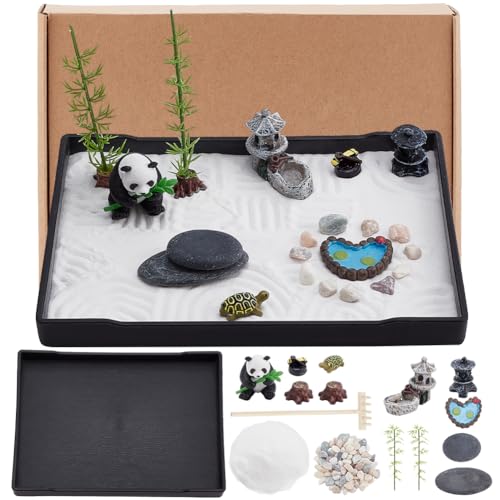 WEBEEDY Panda Mini Zen Garden Japanisches Schreibtischdekor Zen Garten Zubehör Set Niedliches Zen Zuhause Büro Desktop Dekor Japanisches Mini Garten Geschenkset Zen Garten Sand Schale von WEBEEDY