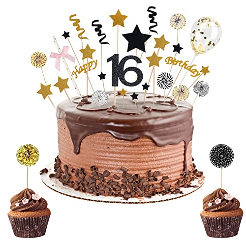 WEDNOK 16 Geburtstag Tortendeko Schwarz Gold Happy Birthday Cake Topper 16 Kuchendeko 16.Geburstagstorte Deko Happy 16th Birthday Tortendeko mit Stern Kuchenaufsatz für Junge Mädchen Kinder von WEDNOK