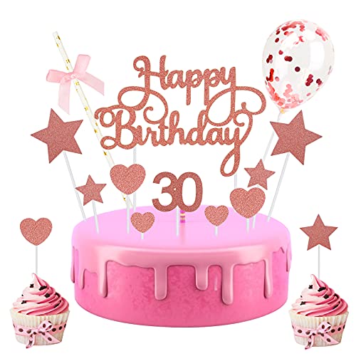 WEDNOK 30 Geburtstag Tortendeko Roségold Cake Topper 30 Geburstagstorte Deko 30.Kuchen Topper Glitter 30"Kuchendeko Happy Birthday Girlande Herz Stern Caketopper Kuchenaufsätze für Frau von WEDNOK