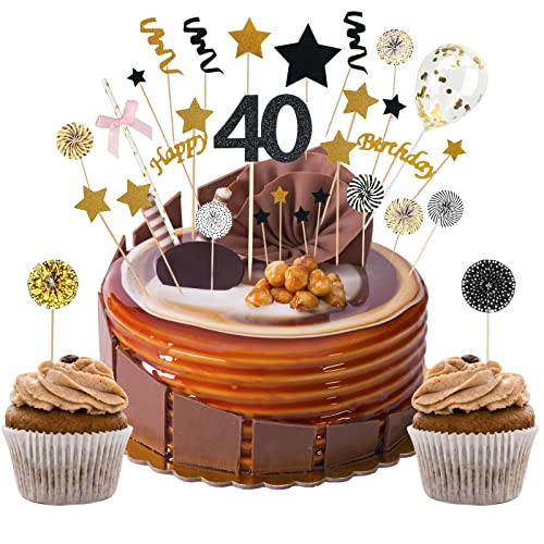 WEDNOK 40 Geburtstag Tortendeko Schwarz Gold Cake Topper 40 Kuchendeko 40.Geburstagstorte Deko Happy 40th Birthday Tortendeko mit Herz Stern Kuchenaufsatz für Frauen Männer von WEDNOK