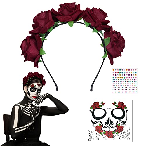 WEDNOK Tag der Toten Haarreif Dia de los Muertos Stirnband Rosen Haarband mexikanischen Blumen Kronen Day of The Dead Haarschmuck mit Gesicht Tattoos für Karneval Fasching Halloween Mottoparty von WEDNOK