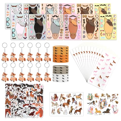 WEFINEST 110 Stück Pferde-Partytüte, Pferde-Partygeschenke mit Pferd-Schlüsselanhänger und Pferde-Silikon-Armbänder, Pferdeaufkleber, Cowgirl-Partyzubehör, Pferde-Party-Dekorationsset für Kinder von WEFINEST