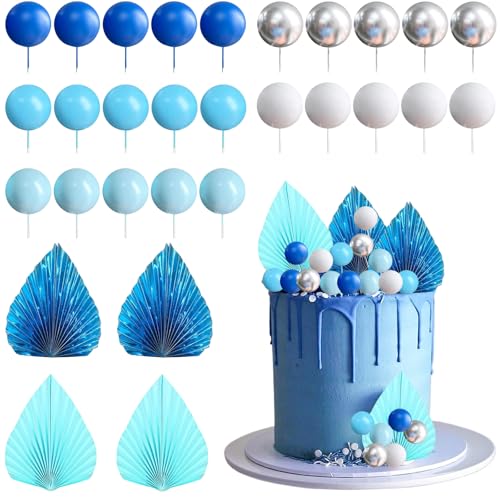 Blau Tortendeko Kugeln, Kuchenaufsatz Geburtstag, Cake Topper Kugeln Blau Kuchendekoration Kugel Palmblätter Kuchen Topper Geburtstag, Kuchen Deko für Babyparty Hochzeit Valentinstag Geburtstag von WEINIBAO