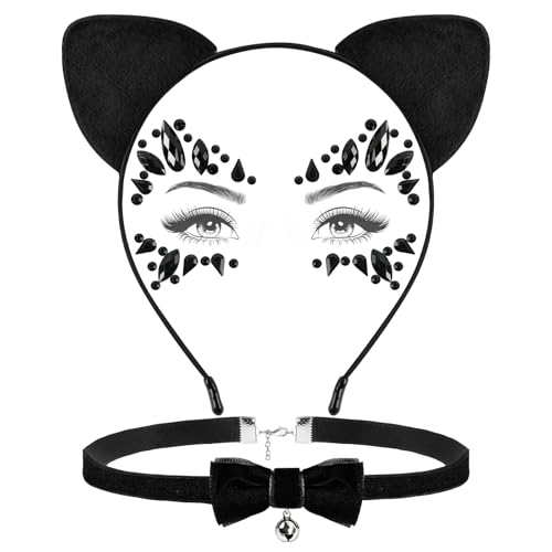 Katzenohren Haarreif, Katzenkostüm Set Schwarz mit Cat Ears Headband Glöckchen Halskette Strasssteine Gesicht Aufkleber, Katzenohren Haarschmuck für Mädchen Frauen Halloween Karneval Cosplay Party von WEINIBAO