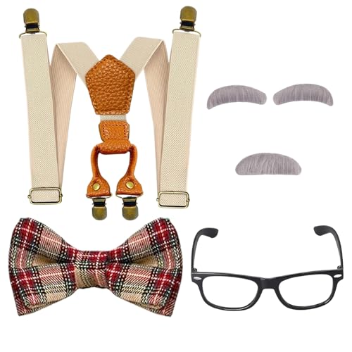 Opa Kostüm Kinder, Karneval Kostüm Alter Mann für Kinder, Kostüm Zubehör Kinder Set mit Hosenträger Fliege Brille Augenbrauen Bart, Alter Mann Kostüm Kinder für Karneval Maskerade Cosplay Mottoparty von WEINIBAO