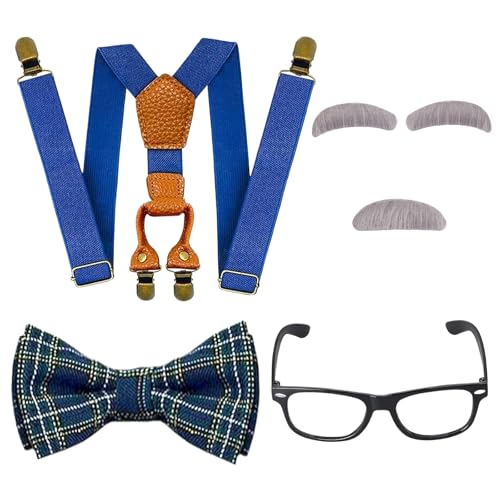 Opa Kostüm Kinder, Karneval Kostüm Alter Mann für Kinder, Kostüm Zubehör Kinder Set mit Hosenträger Fliege Brille Augenbrauen Bart, Alter Mann Kostüm Kinder für Karneval Maskerade Cosplay Mottoparty von WEINIBAO