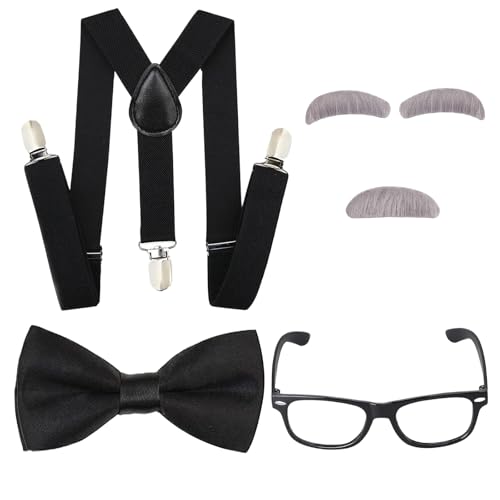 Opa Kostüm Kinder, Karneval Kostüm Alter Mann für Kinder, Kostüm Zubehör Kinder Set mit Hosenträger Fliege Brille Augenbrauen Bart, Alter Mann Kostüm Kinder für Karneval Maskerade Cosplay Mottoparty von WEINIBAO