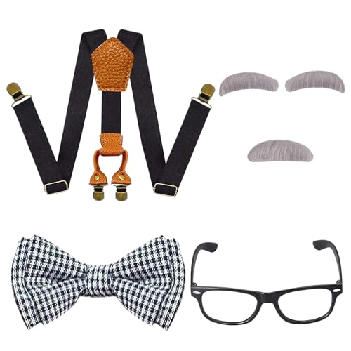 Opa Kostüm Kinder, Karneval Kostüm Alter Mann für Kinder, Kostüm Zubehör Kinder Set mit Hosenträger Fliege Brille Augenbrauen Bart, Alter Mann Kostüm Kinder für Karneval Maskerade Cosplay Mottoparty von WEINIBAO