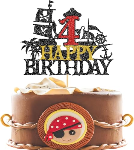 Piraten Tortendeko 4 Jahre, Happy Birthday Tortendeko 4 Jahre Pirate Tortenstecker, Tortendeko Kindergeburtstag 4 Jahre, Piraten Kuchen Deko, Kuchen Topper Geburtstag für Halloween Piraten Party von WEINIBAO