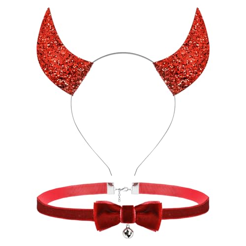 Teufelshörner Haarreif, Rot Teufelshörner Kostüm Set mit Teufelsohren Haarreif Glöckchen Halskette, Teufelsohren Stirnband Glocken Halskette für Mädchen Frauen Halloween Karneval Cosplay Kostümfest von WEINIBAO