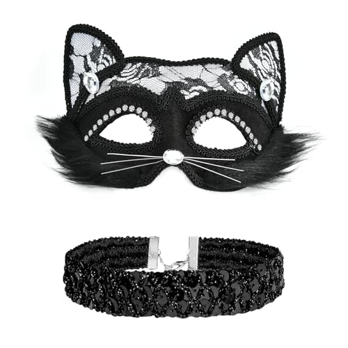 WEINIBAO Halloween Katzenmaske, Halloween Maske Fasching Maskerade Maske, Schwarze Katzenkostüm Zubehör mit Katze Maske Pailletten Halskette,Maske Katze für Halloween Karneval Maskerade Cosplay von WEINIBAO