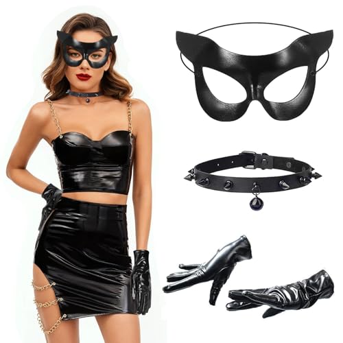 WEINIBAO Halloween Maske Damen, Halloween Maske Katze, Handschuhe Halloween Masken, Katzen Maske Damen, Choker Leder, Choker Damen, Halloween Katzenkostüm Damen, für Halloween Cosplay Masquerade von WEINIBAO