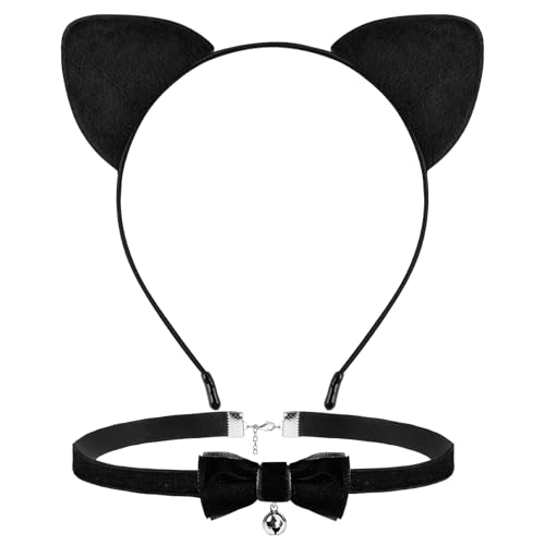 WEINIBAO Katzenohren Haarreif, Katzenkostüm Set Schwarz mit Cat Ears Headband Glöckchen Halskette, Katzenohren Stirnband Katzenohren Haarschmuck für Mädchen Frauen Halloween Karneval Cosplay Party von WEINIBAO