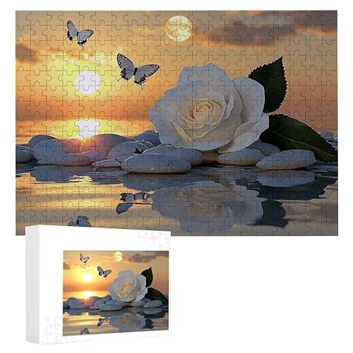 Puzzle 200 Teile Erwachsene Weiße Rose Sonnenuntergang 35 x 25 cm, 3D Visuelle Wooden Puzzle, DIY Craft Bastelpuzzles für Heimdekoration, Geschenkbox, Familie herausforderndes Puzzles F-14 von WEISHIWE