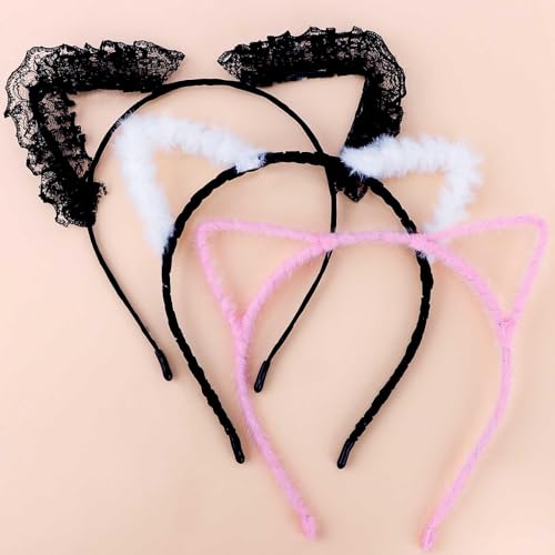 WEITAPYT Katzenohren Haarreif, 3pcs Katzenohr Stirnband, Haarreif Katzenohren Damen Schwarz, Cat Ears Headband Set, Geeignet für Mädchen für Cosplay-Party, Karneval, Halloween(2Schwarz+1Rosa) von WEITAPYT