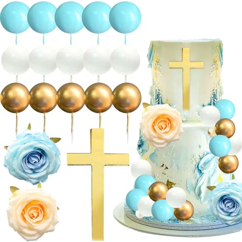 cake topper kreuz gold, 18pcs torten topper kommunion, cake topper blumen rosa, kuchen topper kugeln, cake topper taufe, Geeignet für Christentum, Heilige Kommunion, Taufe, Babyparty von WEITAPYT