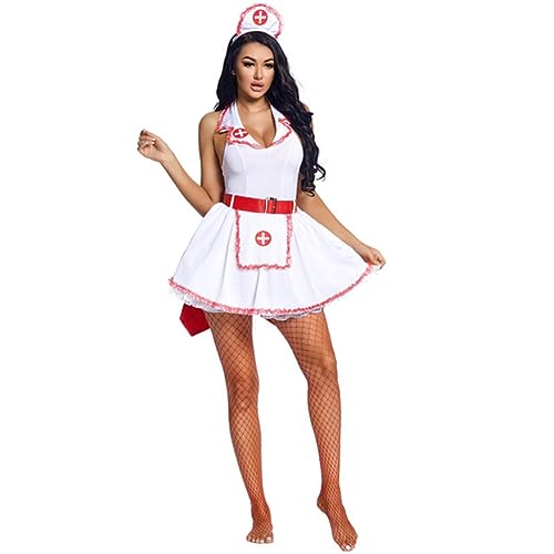 WEITING Krankenschwester-Cosplay-Kostüm, Kleid mit Hut und Schleifengürtel, Damen-Erwachsene, freches Doktor-Cosplay-Kostüm-Set, Halloween-Kostüm, Weiß, L von WEITING