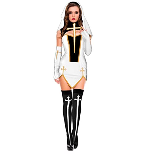 WEITING Schwarze Nonne Minikleid Set Geteilte Rollenspiel Nonne Kostüme Sexy Frauen Shows Cosplay Uniform Versuchung Nonne Halloween Kostüm - Weiß, S von WEITING