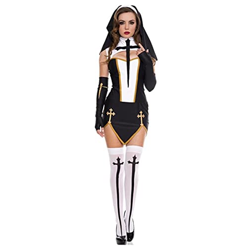 WEITING Schwarzes Nonne-Minikleid-Set, geteiltes Rollenspiel, Nonnenkostüme, sexy Frauen, zeigt Cosplay, Uniform, Versuchung, Nonne, Halloween-Kostüm, Schwarz, XL von WEITING