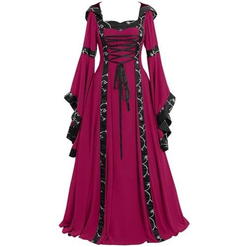 WEITING Vintage Damenkleid Mittelalter Renaissance Gothic Auntumn Kleid Cosplay Bodenlang Prinzessin Hoodies Flare Sleeve Kleider-Rot-L von WEITING