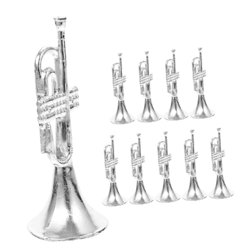 WEKAMOS 10 Stück Musikinstrumentenmodell Kleines Trompetenspielzeug Musical Girlande Miniaturen Band Boom Silberne Spielzeugtrompete Posaune Lüfter Spieler Figuren Plastik Silver von WEKAMOS