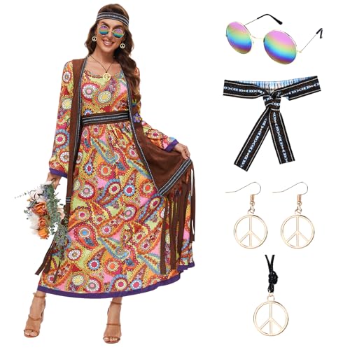 WELLCHY 60er Jahre Kostüm Damen, Hippie Kleidung Damen Kostüm, 70er Disco Halloween Outfits, Hippie Damen Kleid Set für Karneval Party, 60er Jahre Bekleidung Accessoires (L) von WELLCHY