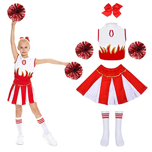 WELLCHY Cheerleader Kostüm Kinder, Cheerleadering Outfit Mädchen, Cheerleading Kleid Cheer Uniformen mit Pompoms, Socken und Haarzubehör, Kinder Cheer Outfit Karneval Kostüm für 8-13 Jahre (Rot, 160) von WELLCHY